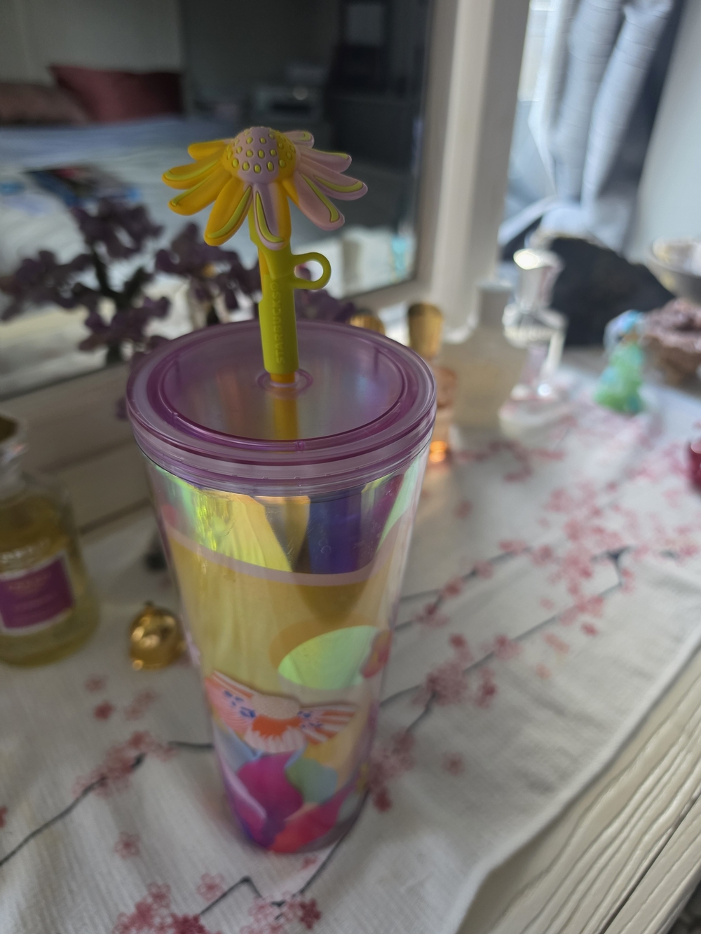 Starbucks Iridescent Cup with Purple Lid and Yellow-Pink Daisy Straw